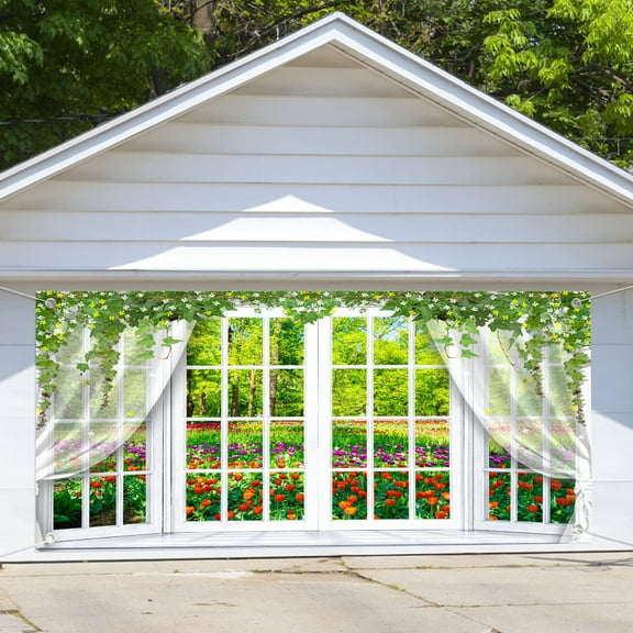 Spring Window Scenery Garage Door Decorations White Window Red Floral Green Forest Wildflower Natural Spring Scenery Background Party Banner for Home Wall Door Yard Decor 16x7 Ft
