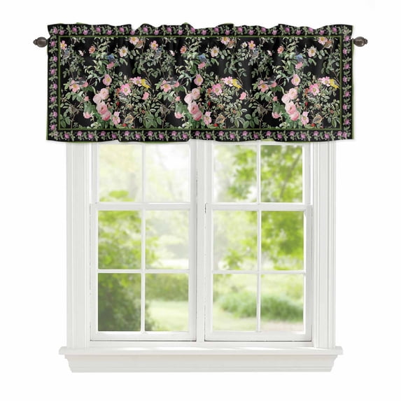 Spring Window Valance for Kitchen, Oriental Traditional Ethnic Floral Birds Retro Black Rod Pocket Short Curtain for Small Windows, Light Filtering Decorative Valance, 54 x 18 Inch