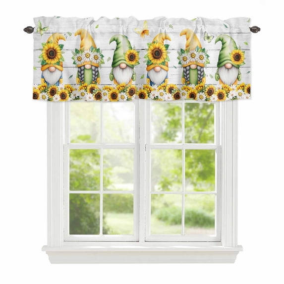 Spring Window Valance for Kitchen, Pastoral Sunflowers Daisy Gnomes Leaves Grey Wood Rod Pocket Short Curtain for Small Windows, Light Filtering Decorative Valance, 56 x 16 Inch