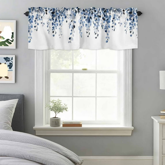 Spring Window Valance for Kitchen, Watercolor Dark Blue Eucalyptus Leaves Botanical Plant Rod Pocket Short Curtain for Small Windows, Light Filtering Decorative Valance, 42 x 18 Inch, 1 Panel