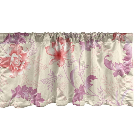 Spring Window Valance, Repetitive Pattern of Abstract Flowers Leaves Floral Illustration, Curtain Valance for Kitchen Bedroom with Rod Pocket, 54" X 18", Pale Fuchsia and Dark Coral, by Ambesonne