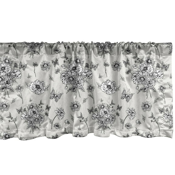 Spring Window Valance, Romantic Wild Bouquet with Butterfly Silhouettes Greyscale, Curtain Valance for Kitchen Bedroom Decor with Rod Pocket, 54" X 12", Coconut Charcoal Grey, by Ambesonne