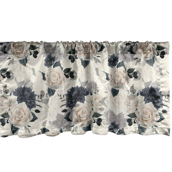 Spring Window Valance, Watercolor Repetitive Black and White Roses Ornament on Plain Back, Curtain Valance for Kitchen Bedroom with Rod Pocket, 54" X 18", Dark Blue Grey and Taupe, by Ambesonne