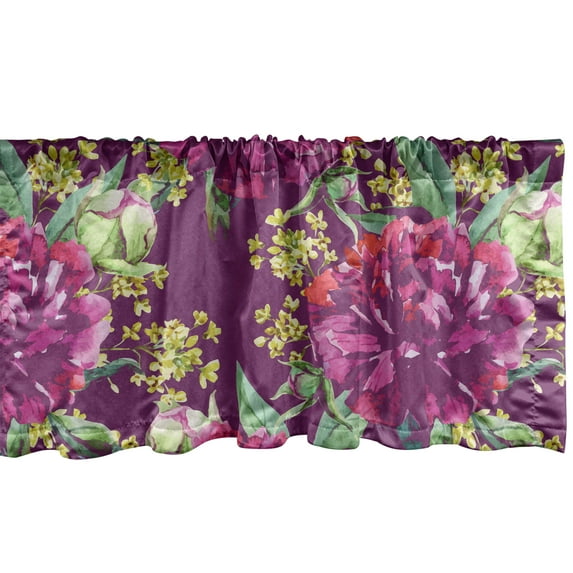 Spring Window Valance, Watercolor Style Flowers Leaves Floral Illustration in Vintage Style, Curtain Valance for Kitchen Bedroom with Rod Pocket, 54" X 18", Pistachio Green Eggplant, by Ambesonne