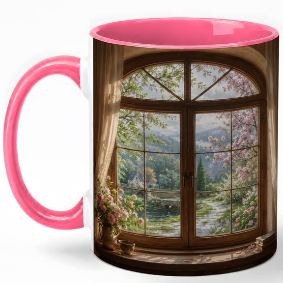 Spring Window View 11oz Ceramic Mug, Blossom Cottage Garden Art