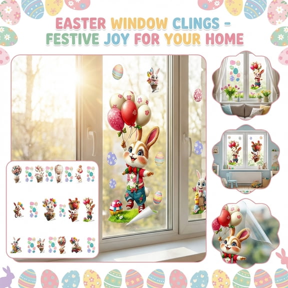 Spring Window decorations, Cartoon Bunny, Daisy details, 12X18 in, Window Stickers for Glass, Removable decals, 1 Pc