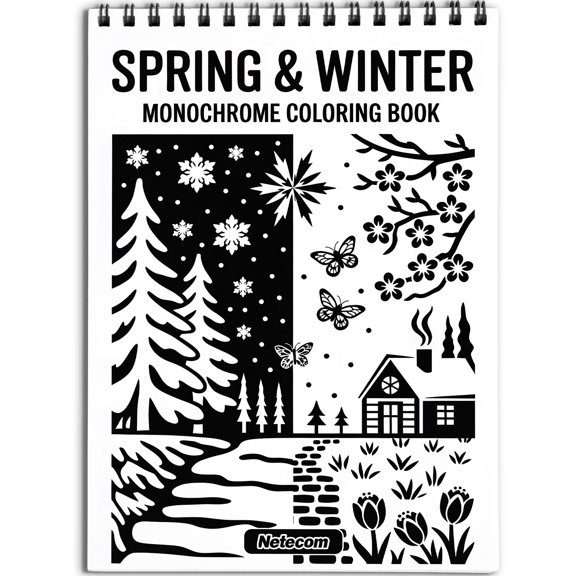 Spring & Winter Monochrome Coloring Book Spiral Bound for Adults, Softcover, Relaxing One-Color Illustrations with Blossoms, Trees, and Seasonal Landscapes for Mindfulness, Stress Relief