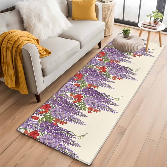 Spring Wisteria 2'x6' Runner Rugs for Hallway Kitchen Bedside Non Slip, Purple Flowers Floral Leaves Botanical Beige Entryway Rug Runners with Rubber Backing, Long Carpet Runner for Laundry Room