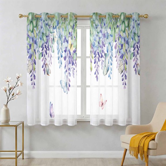 Spring Wisteria Sheer Curtains 39 Inch Long 2 Panels, Watercolor Falling Purple Floral Green Eucalyptus Leaf Butterfly Light Filtering Semi Sheer Drapes Grommet Voile Curtain for Bedroom W27.9xL39