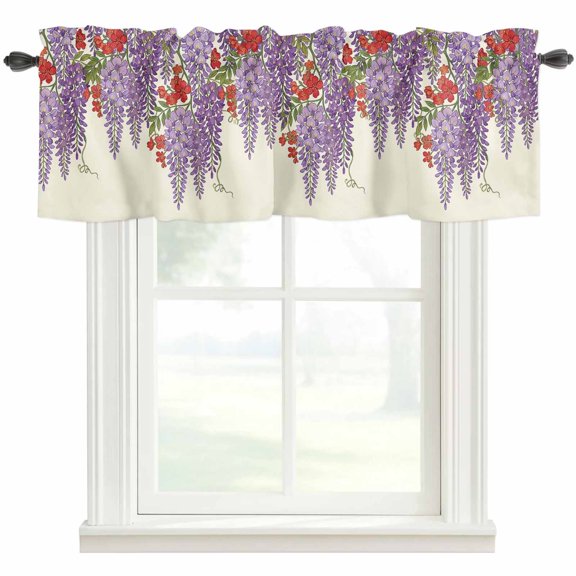 Spring Wisteria Valances for Windows Farmhouse Kitchen Curtains Valances Rod Pocket Valance Curtains for Windows Purple Flowers Floral Leaves Botanical Beige Valances for Bathroom Bedroom 42"x12"