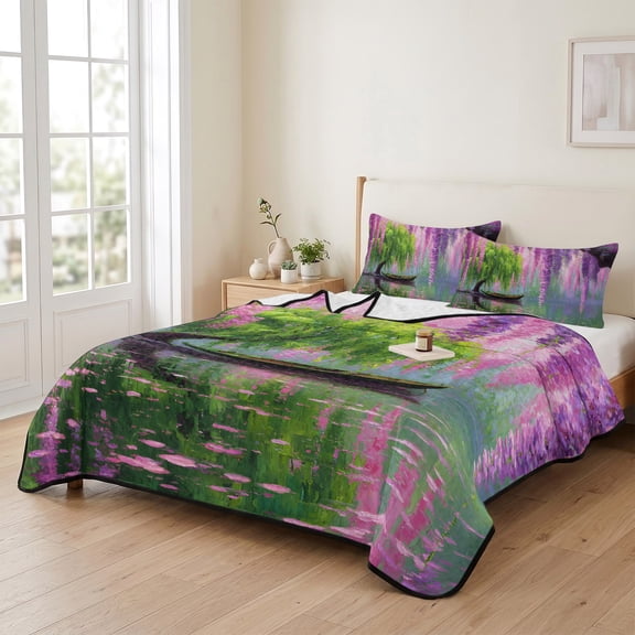 Spring Wisteria Willow Lake 3 Pieces Quilt Set,1 Quilt with 2 Shams,Watercolor Tree Plants Boat Bedspread Soft Lightweight Bedding Coverlet Comforter Set for All Season 90"x96"