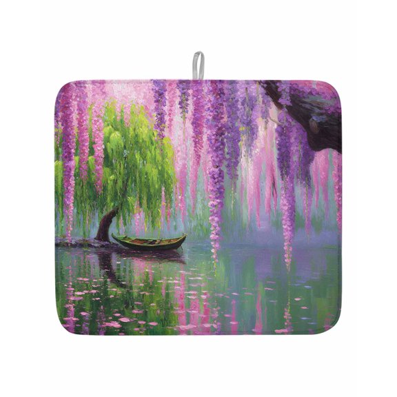 Spring Wisteria Willow Lake Dish Drying Mats for Kitchen Counter,Absorbent Microfiber Dish Drainer Rack Mat Watercolor Tree Plants Boat Drying Pad for Sinks,Utensils,Countertops,16x18in