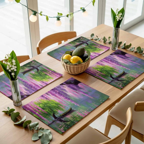 Spring Wisteria Willow Lake Placemats Set of 4,Wipeable Washable Table Mats for Dining Tables, Watercolor Tree Plants Boat Place Mats for Kitchen Event Party Tabletop Decor