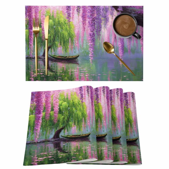Spring Wisteria Willow Lake Placemats Set of 6,Wipeable Washable Table Mats for Dining Tables, Watercolor Tree Plants Boat Place Mats for Kitchen Event Party Tabletop Decor