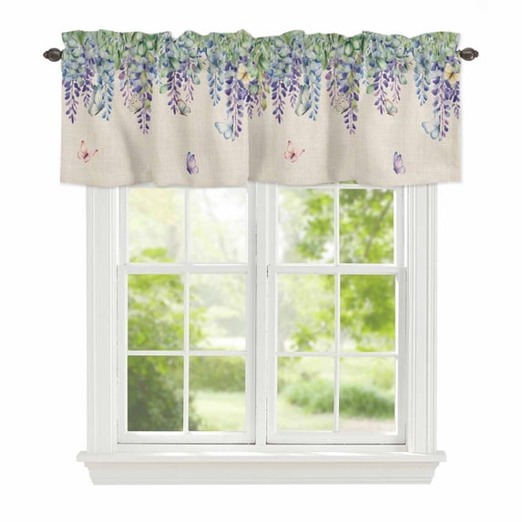 Spring Wisteria Window Valance for Kitchen, Watercolor Falling Purple Floral Leaf Butterfly Linen Texture Rod Pocket Short Curtain for Small Windows, Light Filtering Decorative Valance, 42 x 12 Inch