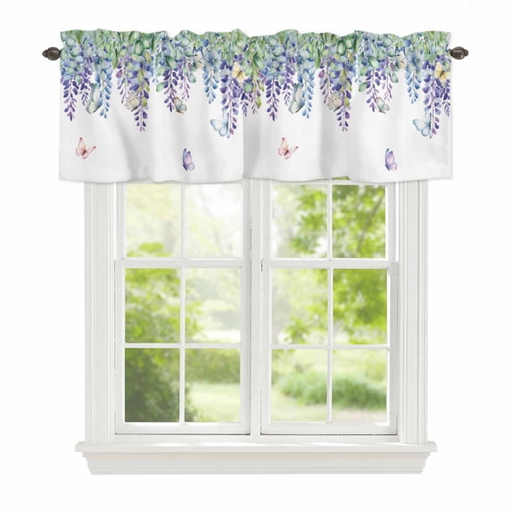 Spring Wisteria Window Valance for Kiten, Watercolor Falling Purple Floral Green Eucalyptus Leaf Butterfly Rod Pocket Short Curtain for Small Windows, Light Filtering Decorative Valance, 60 x 18 In