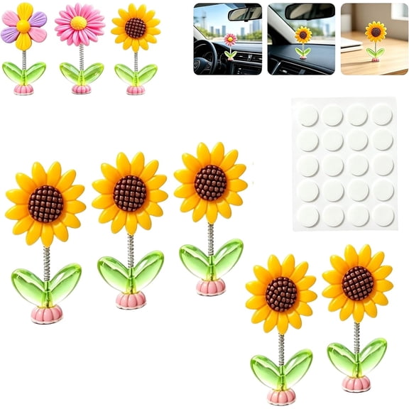 Spring Wobbly Flower Car Dashboard Ornament Interior Decor, Dashboard Ornaments for Car, Shaking Head Sunflower Cars Accessories for Most Cars, SUVs, Trucks (Sunflower Style,5PC)