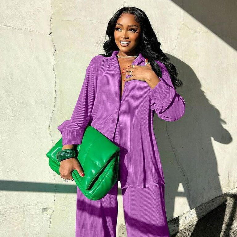Spring Women s Shirt Pleated Two Piece Set Loose High Waist Wide Leg Pants Suit 2022 Casual Elegant Office Ladies Female Outfit Walmart