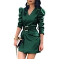 thumbnail image 1 of Spring Women Dress V Neck Belted Waist Smooth Faux Leather Long Bubble Sleeves Solid Color Commuting Shopping Office Mini Dress, 1 of 7