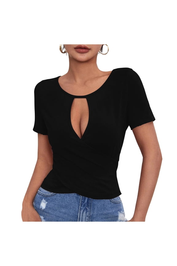 Spring Women Tops Blouses for Women Summer Women Short Sleeve Deep V Neck Tops Casual Sexy Cut Out Twist Knot Blouse Comfy Solid Shirts Fitted Cotton Tshirt Tee