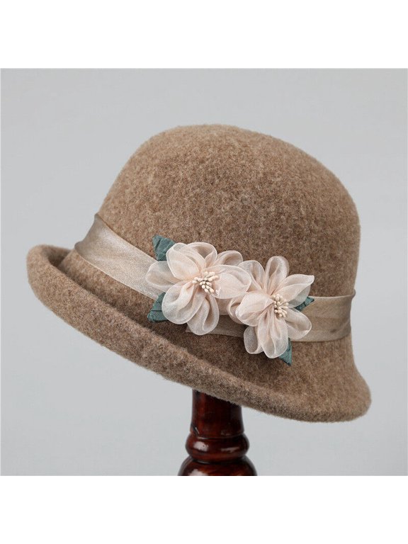 Spring Women Vintage Wool Felt Bucket Cap Flower Cloche Lady Church Bowler Hat