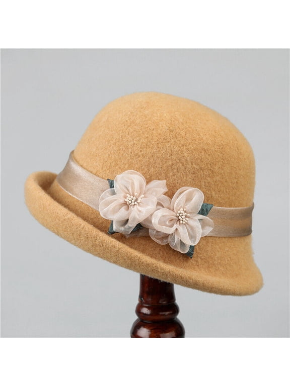 Spring Women Vintage Wool Felt Bucket Cap Flower Cloche Lady Church Bowler Hat