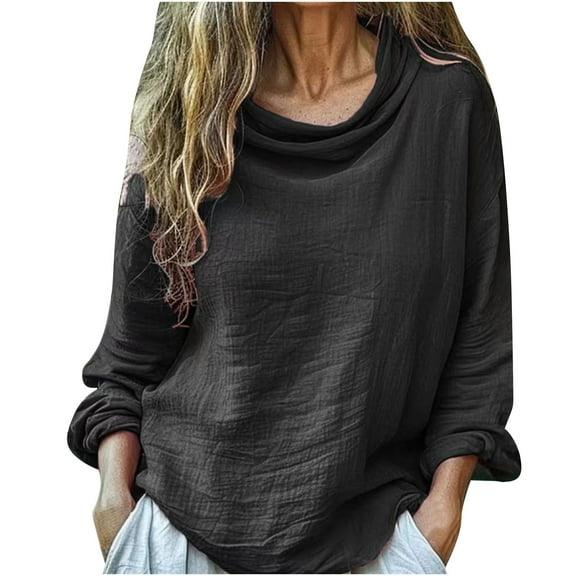 Spring Women's Classic-Fit Long-Sleeve Round Neck T-Shirt Solid Color Casual Loose Pile Collar Pullover Pleated Plus Size