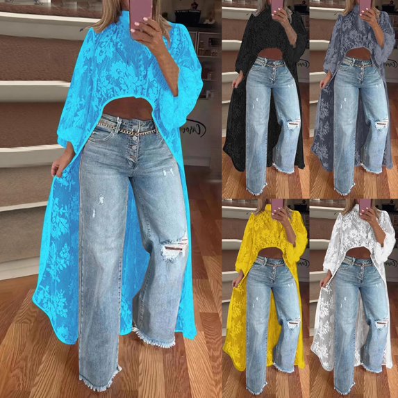 Spring Women's Classic-Fit Long-Sleeve Round Neck T-Shirt Solid Color Lace Hollow Out Patchwork Pullover Plus Size