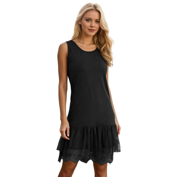 Spring Womens Casual Lace Trim Dress Elegant Layering Dress Comfortable Daily Wear Sleeveless Crew Neck Gown Solid Color Black XXL