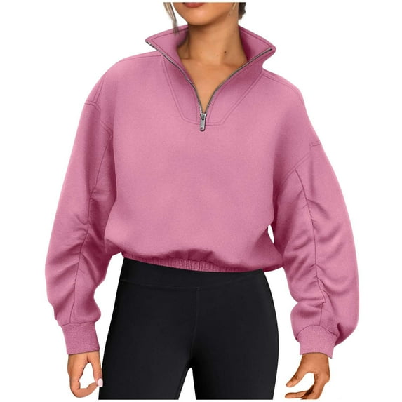 Spring Womens Clothes 2025!DianGeFu Long Sleeve Shirts for Womens Plus Size,Fashion Woman Long Sleeve V-Neck Solid Blouse Causal Pullover Zipper Tops,Hot Pink,S