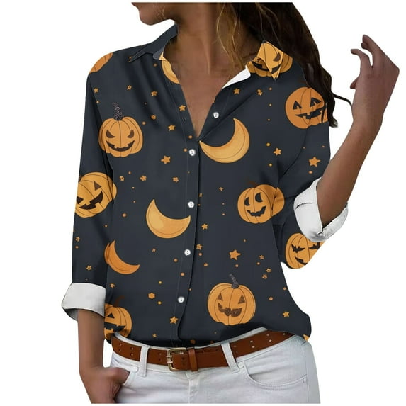 Spring Womens Clothes 2025!DianGeFu Womens Long Sleeve Blouses on $15,Women's Halloween Long Sleeved Regular Casual Orange Series Printed Lapel Button Up Shirt,Black,S