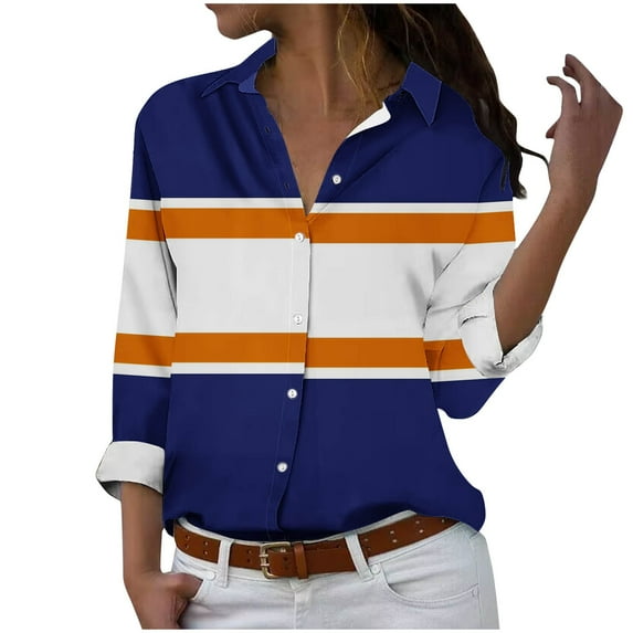 Spring Womens Clothes 2025!DianGeFu Womens Tops Long Sleeve Plus Size 2025 Fashion Casual,Women's Long Sleeved Regular Casual Orange Series Printed Lapel Button Up Shirt,Blue,L