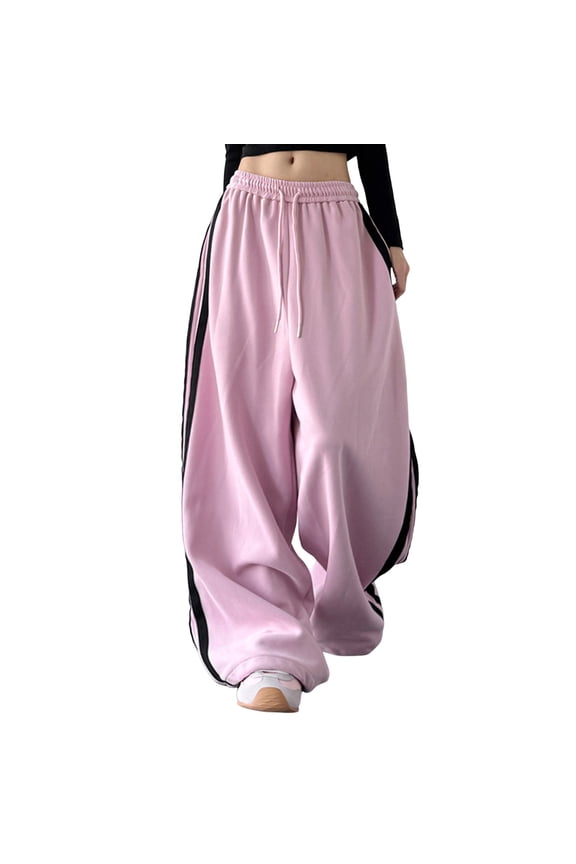 Spring Womens Striped Jogger Pants Baggy Hop Sportswear Drawstring Waist Retro American Style Full Length Trousers Pink XXL