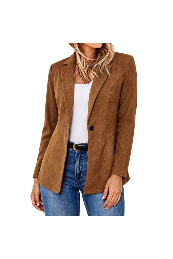 Spring Womens Vintage Faux Suede Blazer Open Front Lapel Business Casual Jacket Suits for Work Professional Coffee L(L)