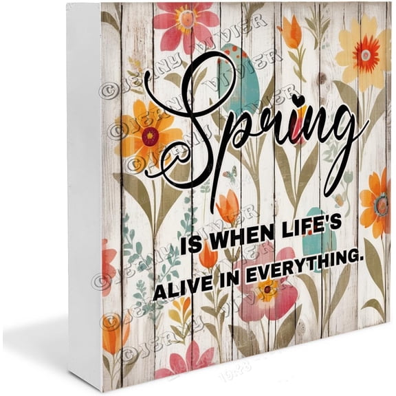 Spring Wooden Box Sign Inspirational Quote Decor Gifts Funny Spring Sign for Shelf Rustic Home Decor Table Centerpiece Shelf Wood Block Signs Housewarming Gifts 7x7 In