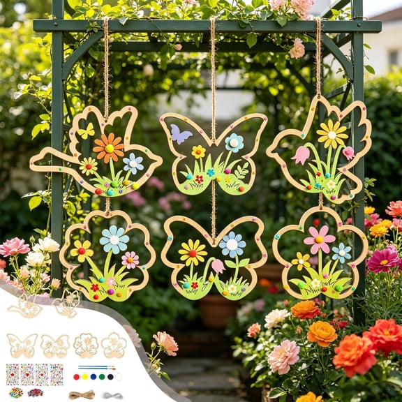Spring Wooden Craft Kit 24 Piece Paintable Bird Butterfly Flower Ornaments with Paints Brushes for Party School Family Craft Project Handmade Decor Spring Celebration Holiday Gift Housewarming Gift