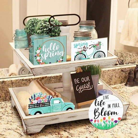 Spring Wooden Tiered Tray Decoration Farmhouse Kitchen Mini Signs Tray Wooden Flat Decor Desktop Ornaments
