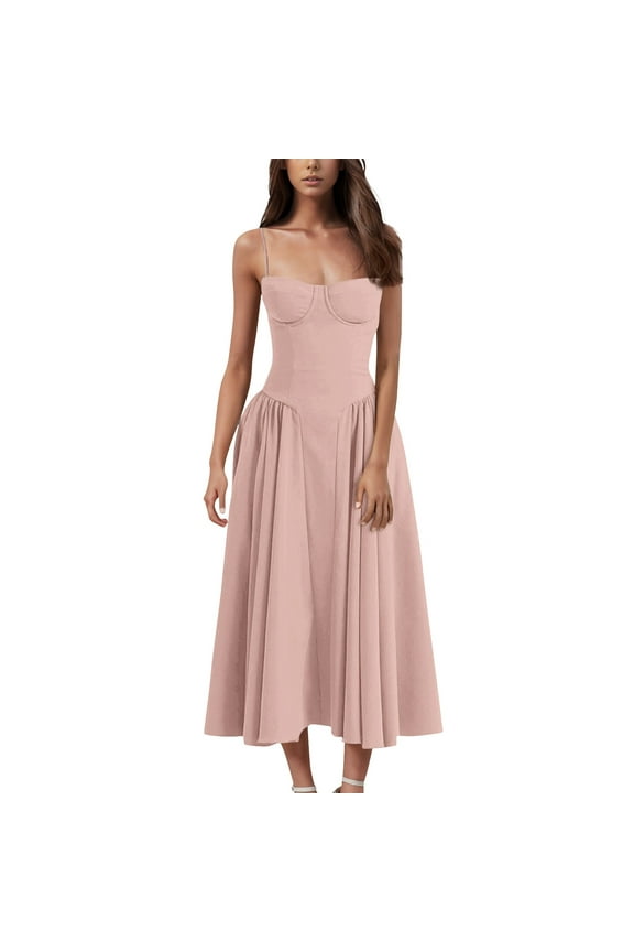 Spring Work Dresses For Women 2025, Empire Waist Dress Floral Retro Court Spaghetti Strap Wedding Guest Long Milkmaid Dress With Pocket Resort 2025 Vacation Dresses Work (L, Pink) ZMTing
