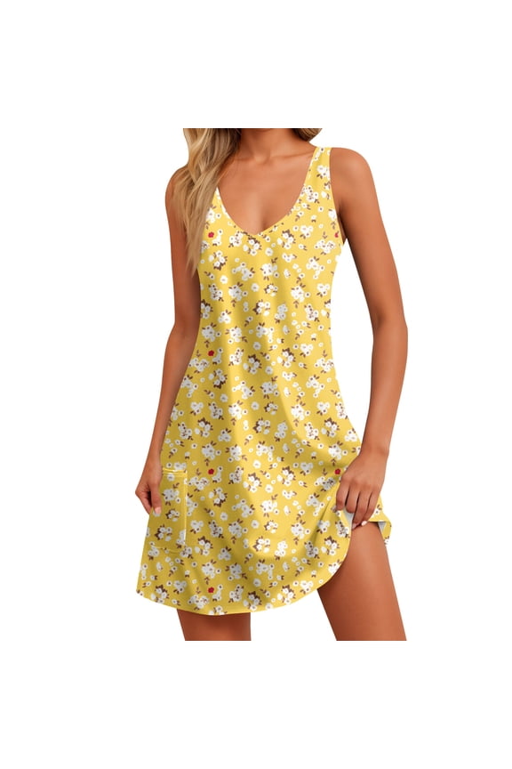Spring Work Dresses For Women 2025, Tank Casual Sundress Sleeveless V Neck Floral Beach Vacation Mini Dress With Pocket Bra Backless Dress Prom T Shirt Dress Casual Dress (L, Orange) ZMTing