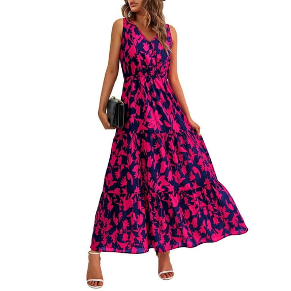 Spring Work Dresses For Women 2025, Wedding Guest Dresses Easter Casual Floral V Neck Sleeveless Flowy Long Dress Sleeve Shirts Dressy Work 2025 Black Dresses Maxi (XL, Hot Pink) ZMTing