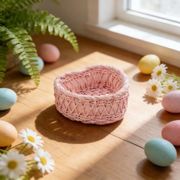 Spring Woven Basket Easter Realistic Resin Wicker Look Tiny Basket Mini Dollhouse Miniature Accessory for Photography Props, Jewelry Storage, Succulent Planter & Tabletop Scene Decor Use