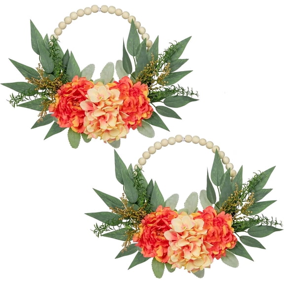 Spring Wreath 10" Artificial Floral Bead Eucalyptus Leaves Peony Hydrangea Wreath for Front Door Boho Wall Decor 2 Pack - Orange