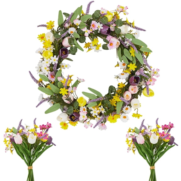 Spring Wreath 24 Inch Artificial Tulip Peony Floral Arrangement with Lavender and Greenery, Real Rattan Base 2 Silk Bouquets Farmhouse Porch Easter Summer