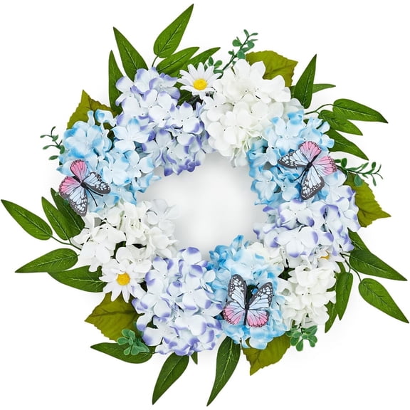 Spring Wreath Artificial Hydrangea 20IN with Butterfly, Light Blue White Green, Spring Easter Summer Front Door Wall Decor