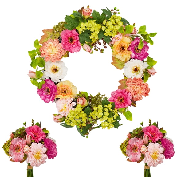 Spring Wreath Artificial Peony Hydrangea with Rattan Base and 2 Bouquets, Lifelike Silk Floral Door Decor for Farmhouse Home Entryway 18 or 22 Inch