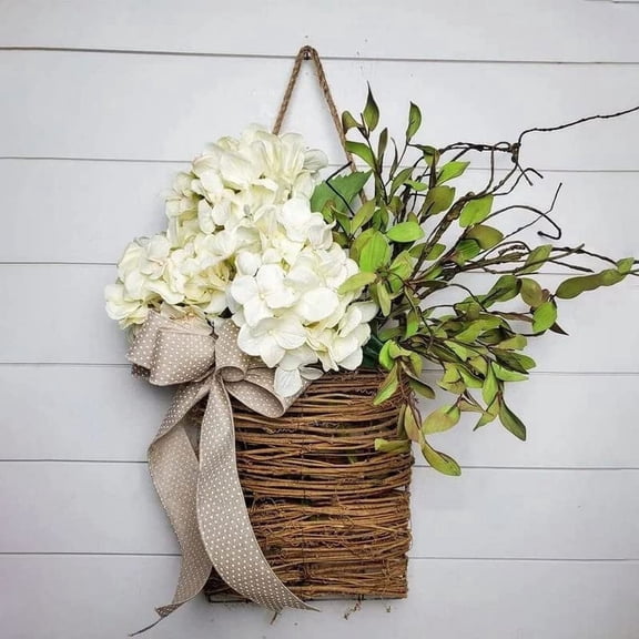 Spring Wreath Basket Wreath for Front Door 15" Hanging Basket Fake Flower Farmhouse Artificial Flowers for Spring Home Decor