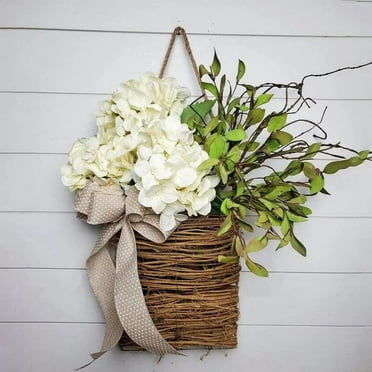 Spring Wreath Basket Wreath for Front Door Hanging Basket Fake Flower Garland Farmhouse Artificial Flowers Welcome Sign for Spring Home Decor