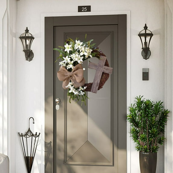 Spring Wreath Door Hanging Garland, Rattan Artificial Floral Wreath with Wooden Accent for Wall Door Outdoor Spring Festival Home Decoration