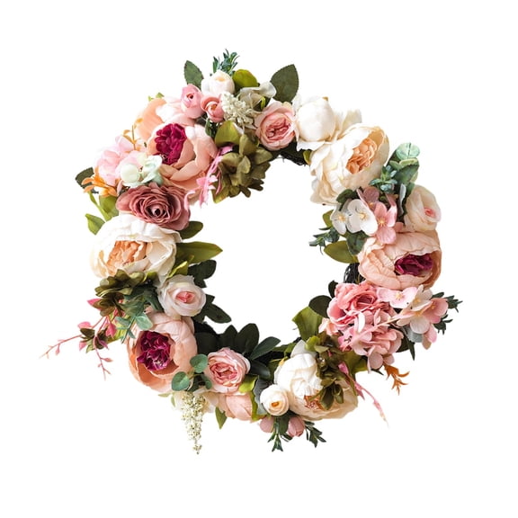 Spring Wreath for Front Door, 15.7 Inch Summer Wreath with Peony and Rose Flowers, Artificial Floral Wreath for Farmhouse Porch, Wall, and Window Decor, Spring and Summer Decoration (D)