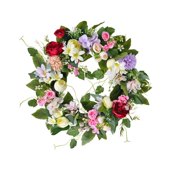 Spring Wreath for Front Door 15 Inch Artificial Summer Wreath with Wildflowers, Farmhouse Wall Decor for Home Indoor Outdoor Easter Holiday Party and Springtime Seasonal Decorations